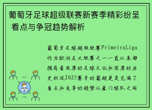 葡萄牙足球超级联赛新赛季精彩纷呈 看点与争冠趋势解析