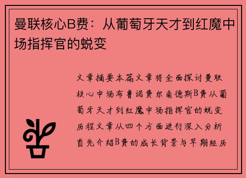 曼联核心B费：从葡萄牙天才到红魔中场指挥官的蜕变